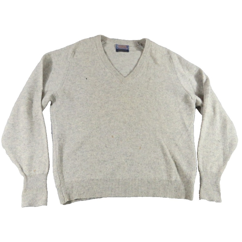 VTG 70s Pendleton Men L Lambswool V Neck Sweater Gray Pullover Made In USA Flaw